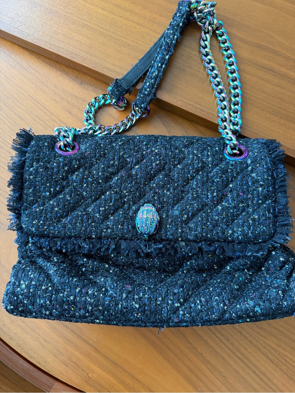 Kurt Geiger Black Quilted Tweed Shoulder Bag with Iridescent Hardware